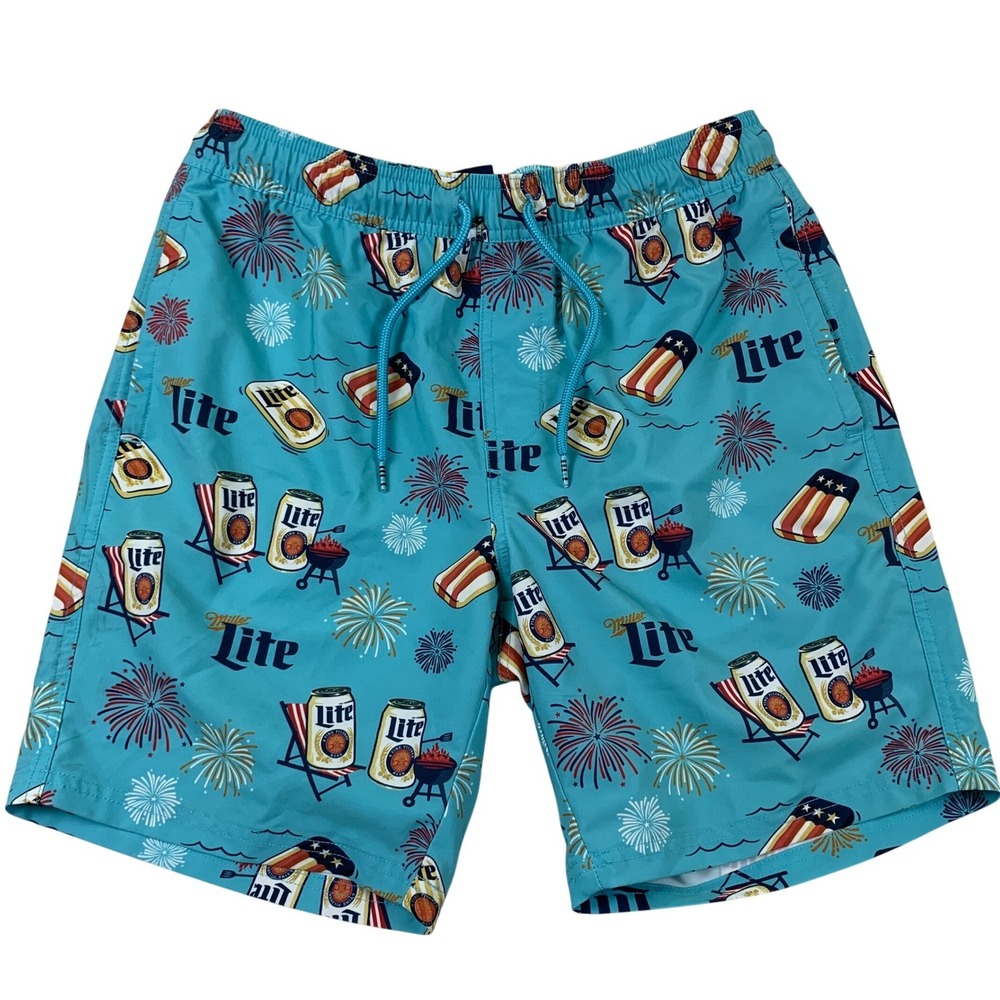 Valor Collective Miller Lite Mens Blue Fireworks Swim Trunks Medium DBUE242082